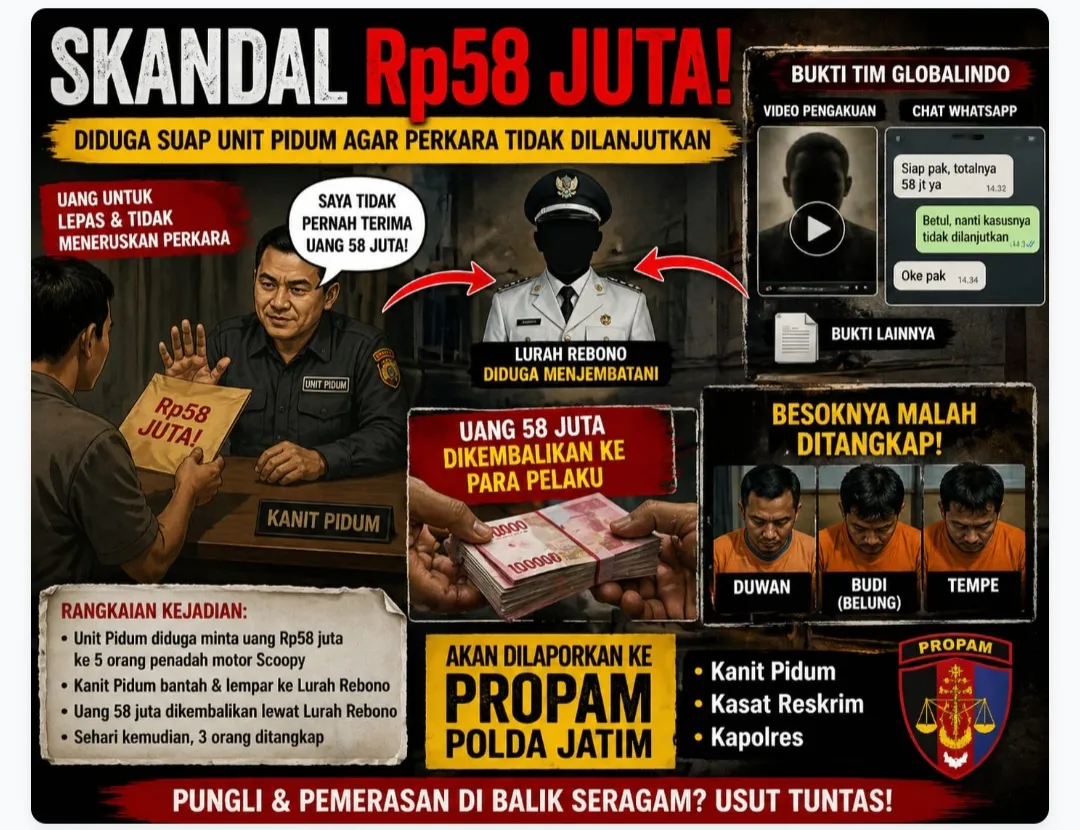 SKANDAL HUKUM MOJOKERTO: Rp58 JUTA DIDUGA JADI “KUNCI DAMAI”, DIBANTAH, DIKEMBALIKAN, LALU TIBA-TIBA PENANGKAPAN! ADA APA DI BALIK UNIT PIDUM?