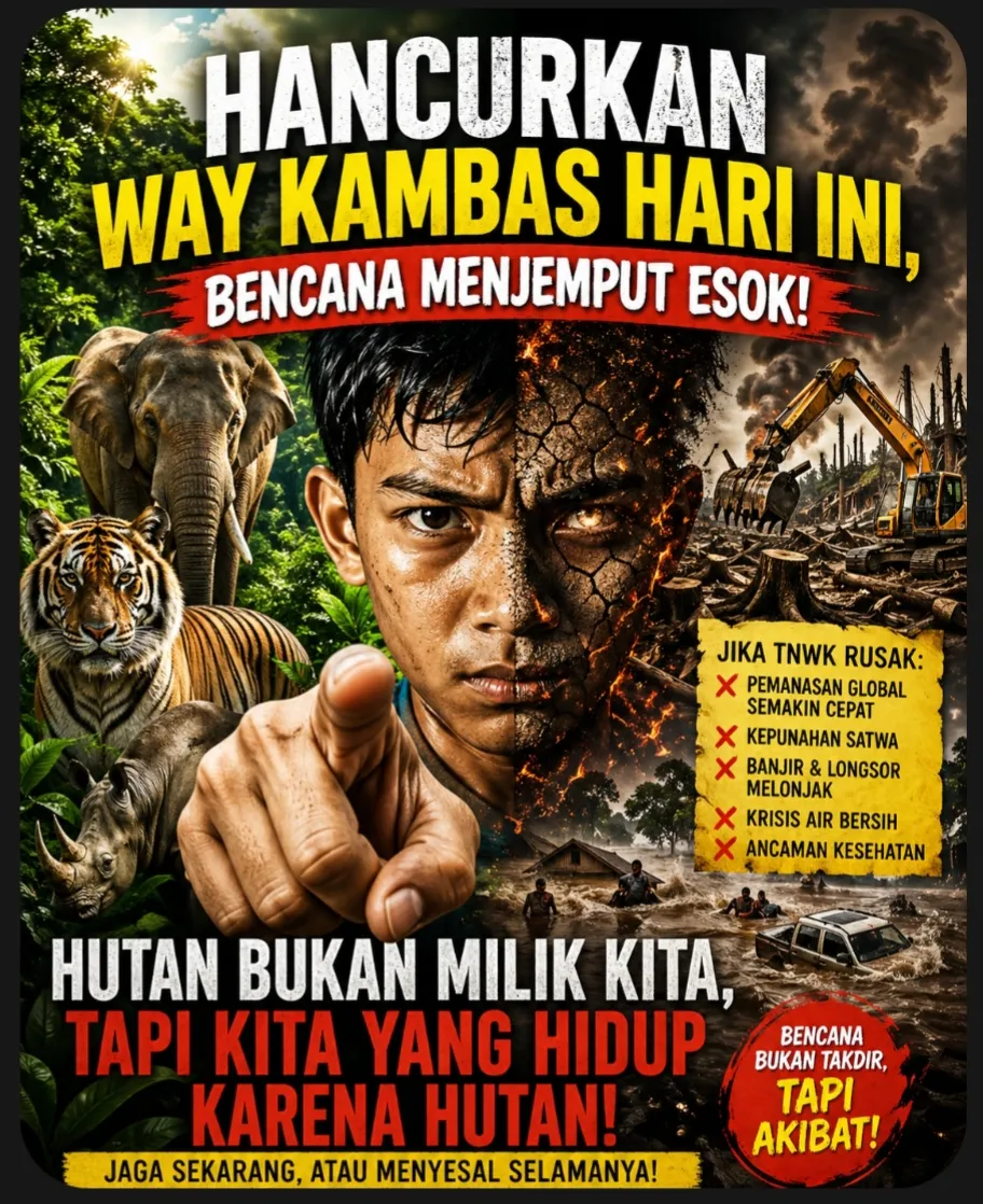 Way Kambas Runtuh, Peradaban Ikut luluh”  “Hutan Dihabisi, Manusia Kehabisan Masa Depan  ”Hancurkan Way Kambas Hari Ini, Bencana Menjemput Esok”