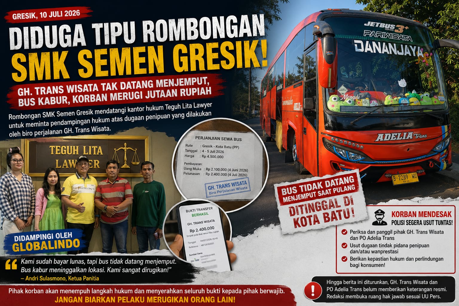 Dugaan Wanprestasi Penyewaan Bus Wisata, Panitia SMK Semen Gresik Serahkan Perkara ke Kuasa Hukum
